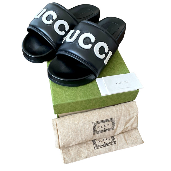 Authentic GUCCI Jumbo Logo Leather Slide Sandals Black Men's Size 8 | US 8.5 NWT - Picture 9 of 14